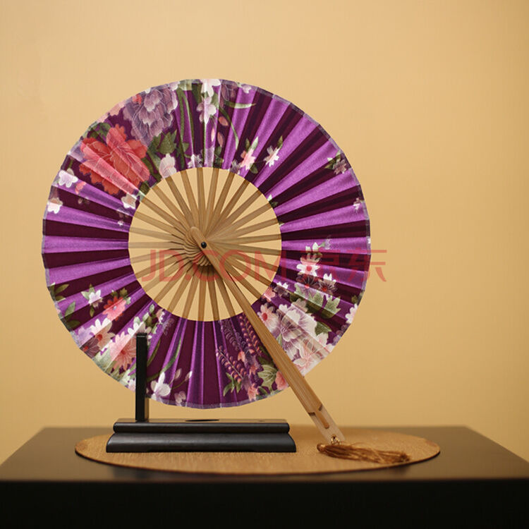 中国风真丝女扇子 折扇团扇 圆扇绢扇 折叠圆扇-紫色(绸缎)
