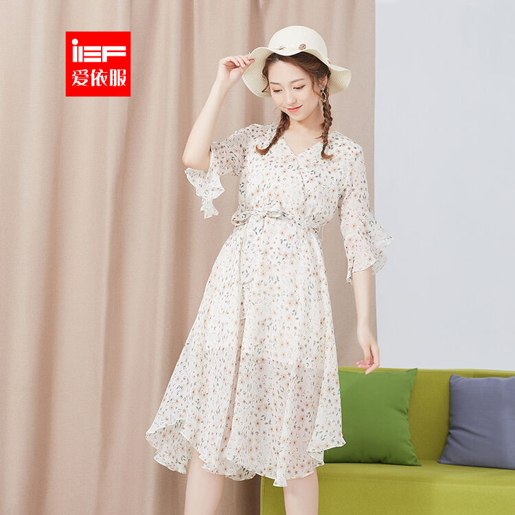 ief/爱依服2018夏季新款韩版气质高腰修身中长款碎花雪纺连衣裙女9317