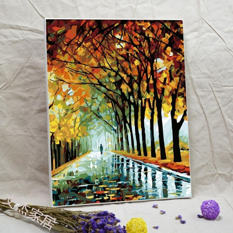自油自画 亚麻布数字油画家装软饰卧室客厅装饰画风景系列 秋 爱的