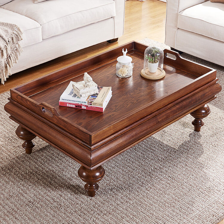 美式乡村茶几桌创意简约复古小户型方形茶桌客厅白蜡木家具 板栗色