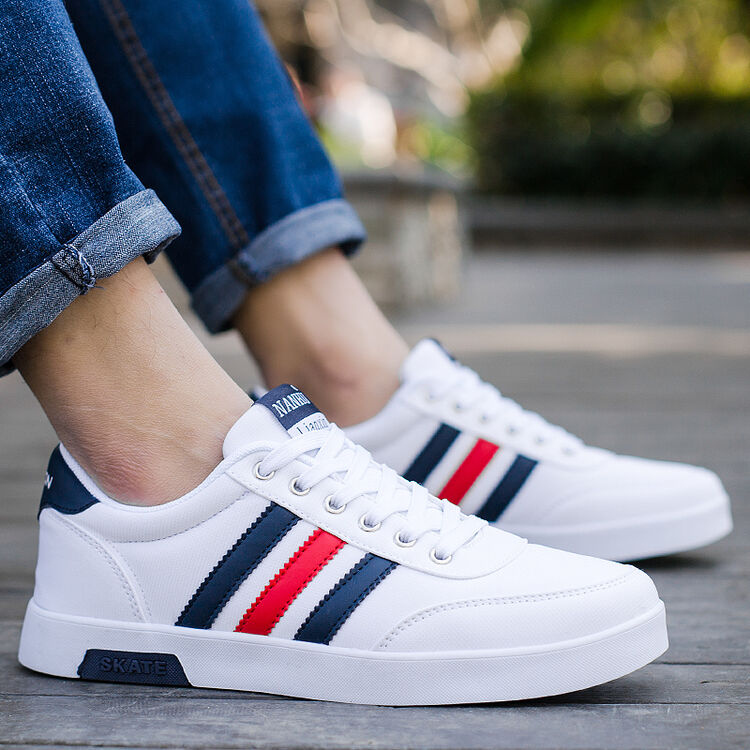 帆布鞋男青少年运动休闲白色百搭板鞋学生潮流韩版男鞋子 白兰红 a款