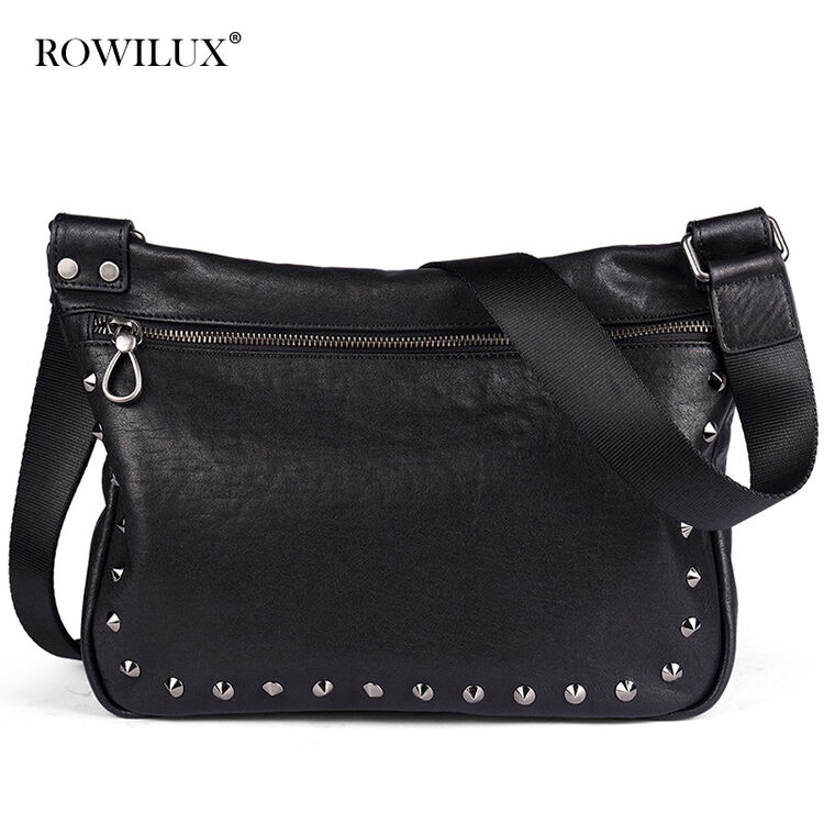 rowilux罗威奢品男包单肩包男2017新品牛皮休闲铆钉斜挎背包潮男包
