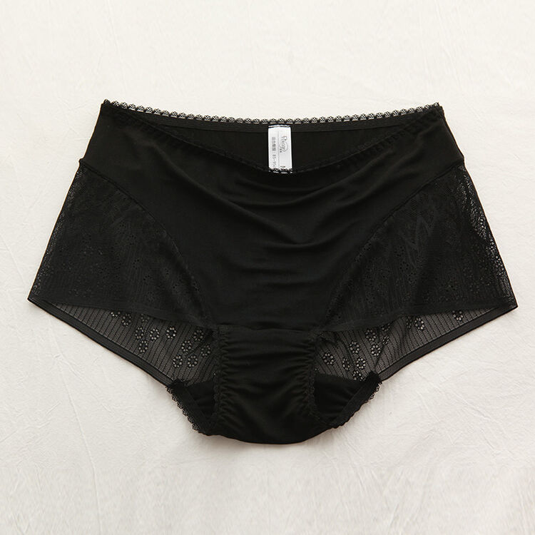 款性感一片式无痕真丝内裤女士透明蕾丝中腰桑蚕丝三角短裤头 黑色 m