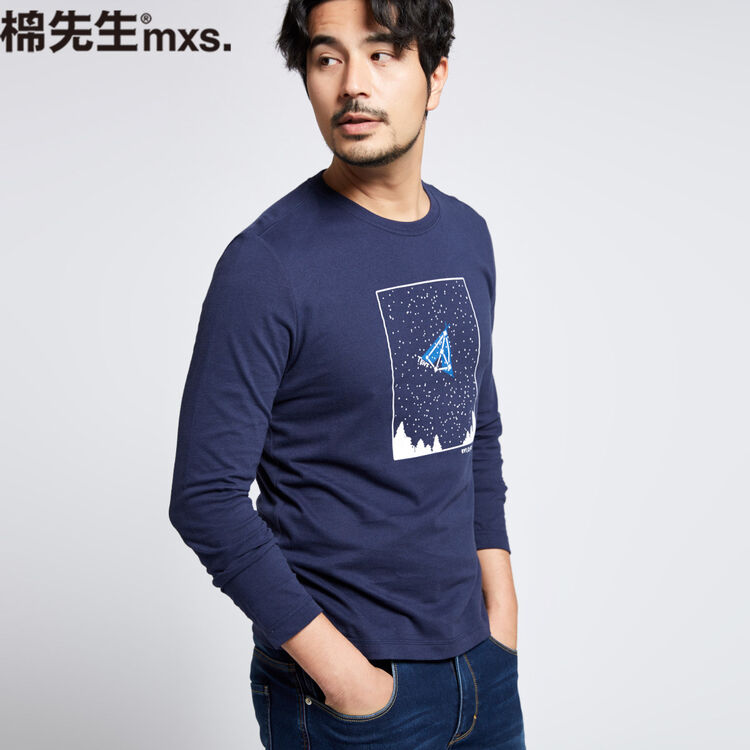 棉先生t恤男2018春季新款精梳全棉印花t恤男长袖 圆领套头男士休闲