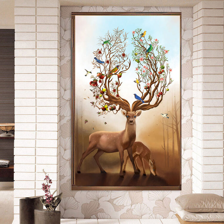 玉翰 新款手工十字绣成品发财鹿客厅简约现代竖版玄关花开富贵麋鹿