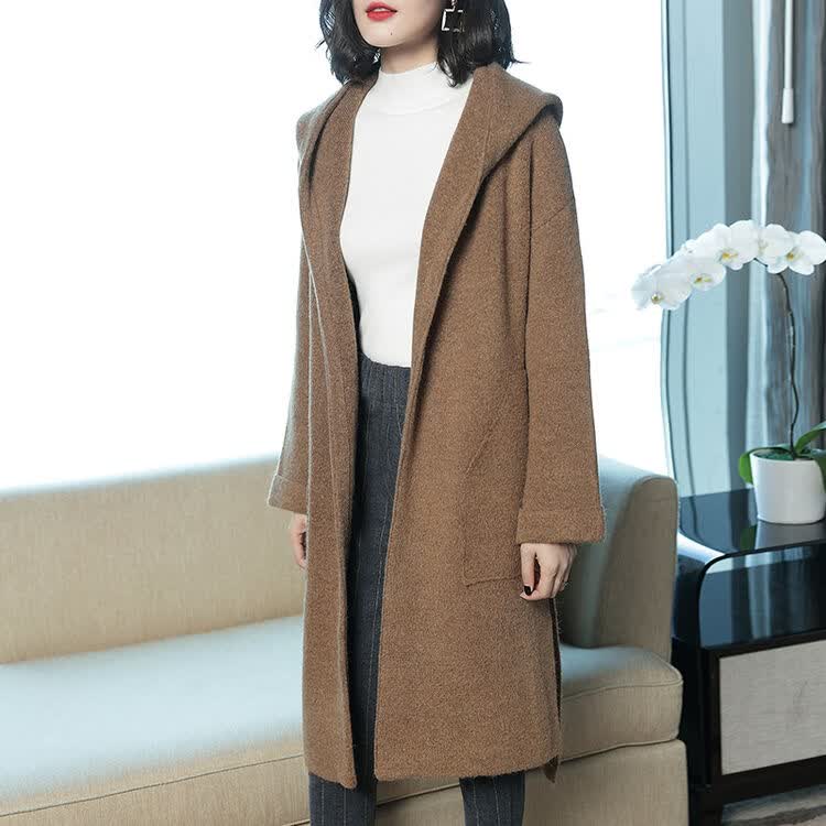 秋冬大衣女加厚宽松外套中长款连帽毛衣时尚潮气质毛线大衣 卡其 m