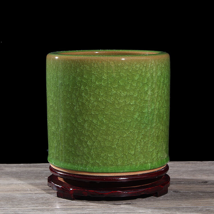 皆悦瓷 古典冰裂陶瓷笔筒现代简约书房办公室装饰工艺品摆件 绿色小号