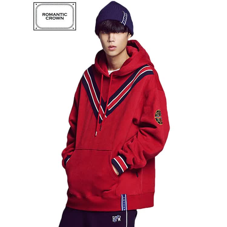 全球购潮牌romantic crown复古韩版都市v字连帽卫衣宽松男女 深红色 m