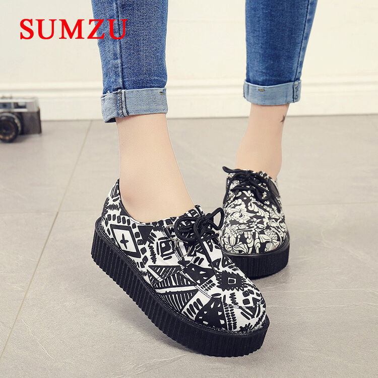 松糕鞋女2017春季新款潮原宿厚底杂志款欧美英伦复古风女鞋 几何白 35