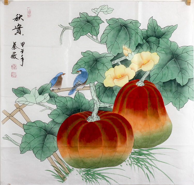 四尺斗方工笔画国画《秋实》南瓜图 2只鸟 秦薇1738