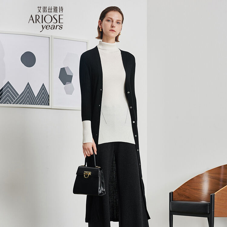 艾诺丝雅诗中长款开衫女针织衫毛衫春v领单排扣毛衫 60811862 黑色 m