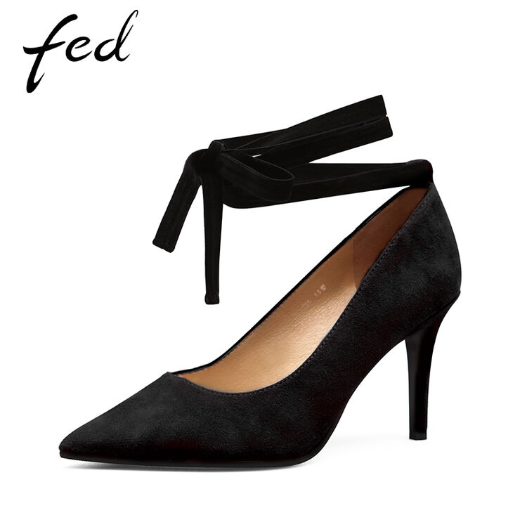 新款羊绒尖头细跟高跟鞋 性感踝带绑带单鞋女1900175 黑色羊绒430103