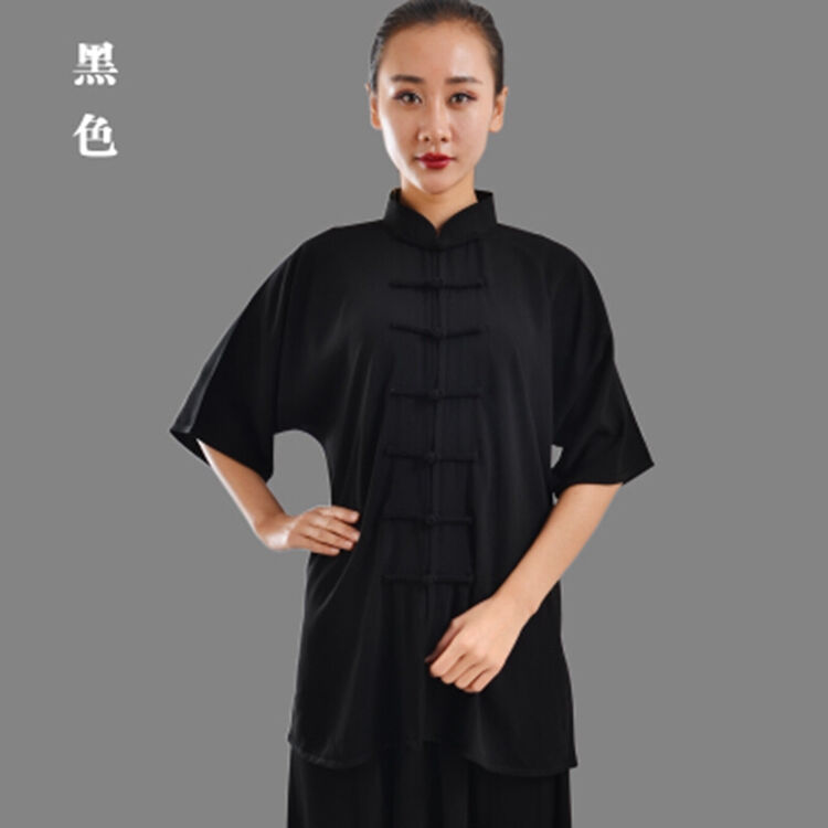 太极服棉加丝春夏秋太极拳服武术练功服中老年男女表演服短袖 黑色