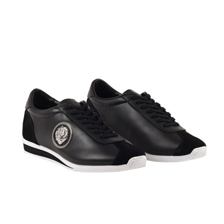 versace versus范思哲男鞋 范瑟丝 男士黑色皮质金属狮头运动休闲鞋