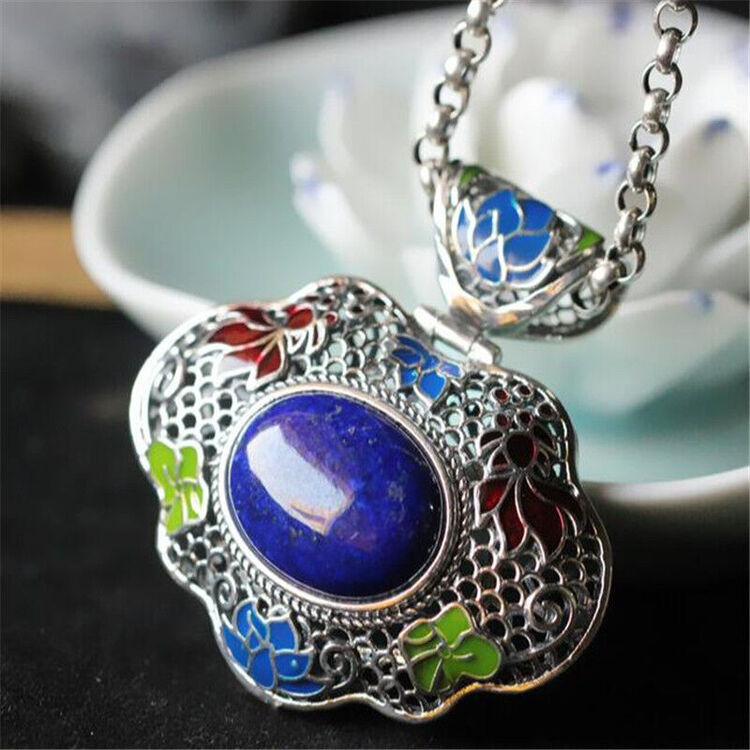 青金石景泰蓝吊坠 复古长命锁 毛衣链坠子