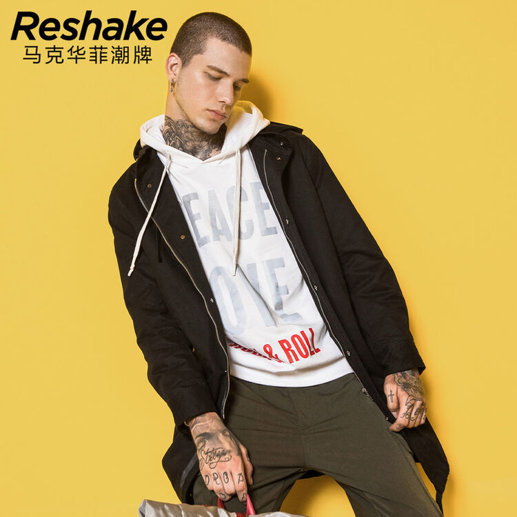 马克华菲潮牌reshake2017春季潮流网布拼接防风连帽中长款风衣外套