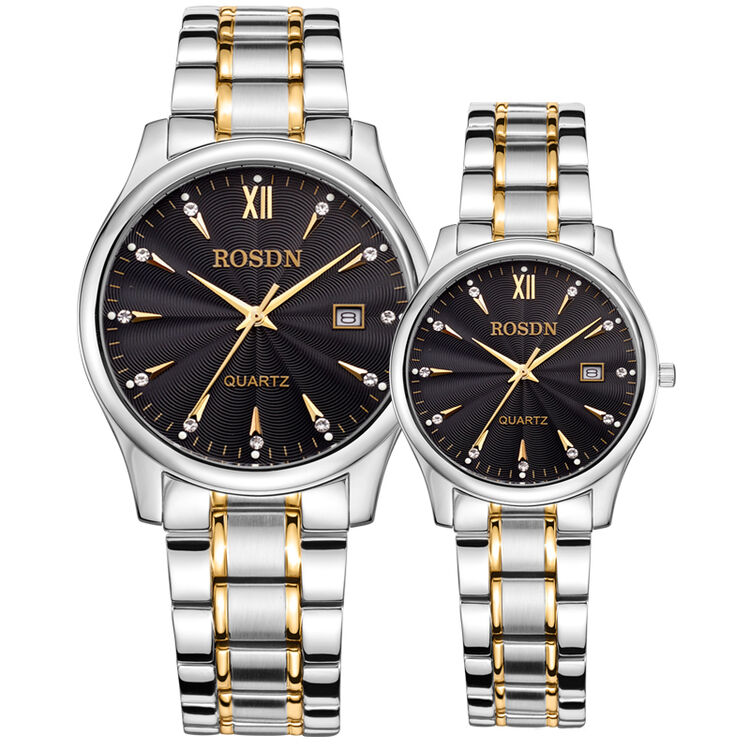 劳士顿(rosdn)石英表女表情侣手表一对专柜情侣表 间金黑盘情侣对表