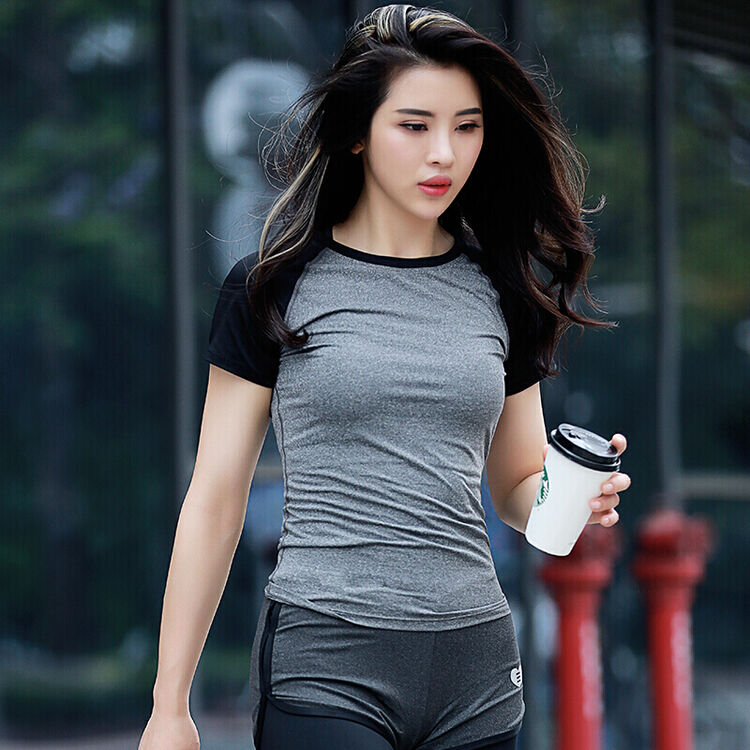 范斯蒂克 健身衣女夏弹力运动紧身衣速干瑜伽服短袖t恤跑步上衣 花