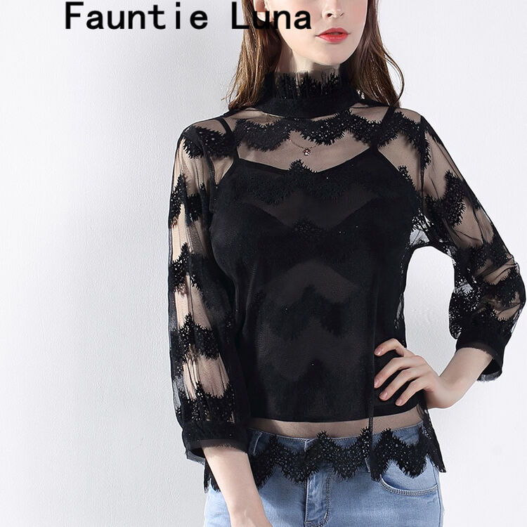 春秋新款女装韩版蕾丝衫黑色九分袖镂空性感打底衫网纱上衣条纹 黑色