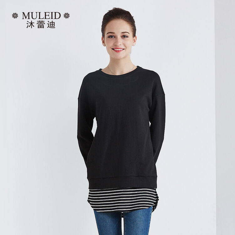 沐蕾迪女装 宽松休闲运动风 底摆黑白条纹拼接 黑色时尚卫衣 黑色 0