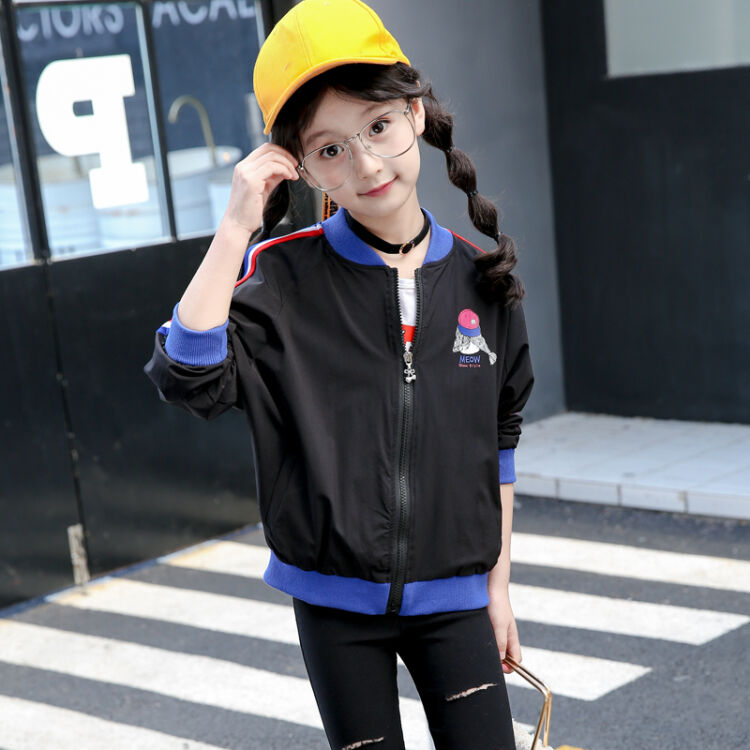 女童夹克6岁小女孩休闲立领外套8中大儿童10韩版9时尚长袖上衣 黑色