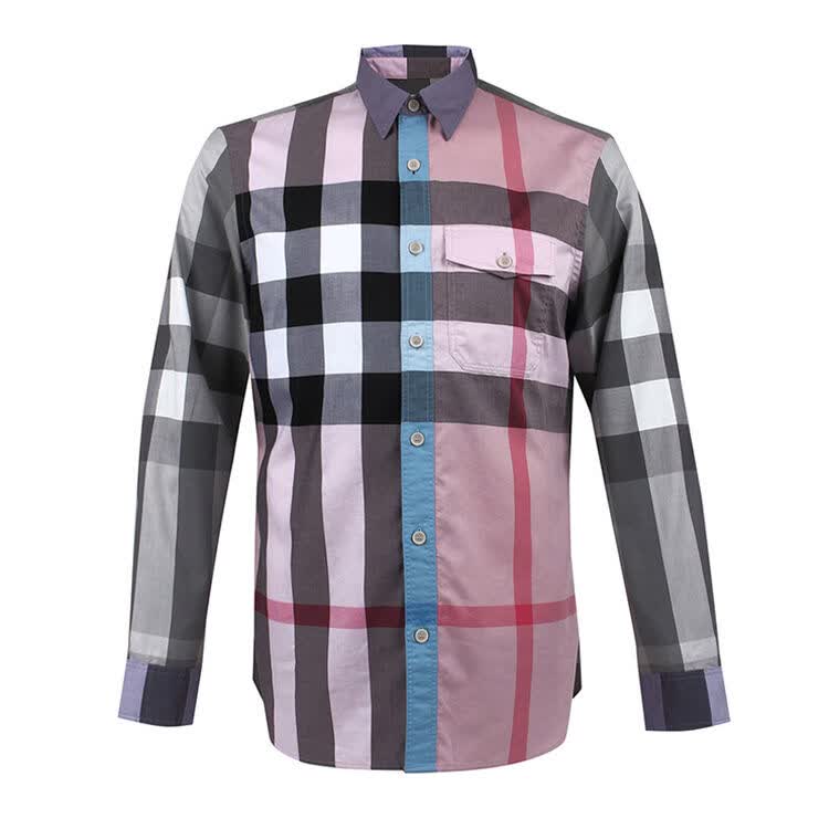 burberry巴宝莉男士衬衫棉质格纹长袖衬衣 灰橙拼接4043734 l