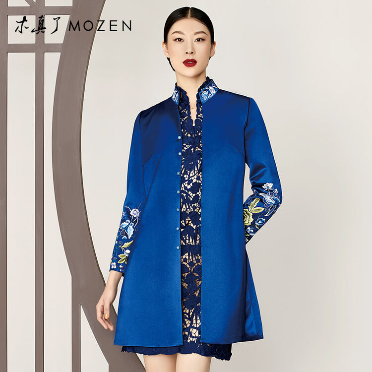 木真了2018装新款中式复古花色刺绣风衣女外套大衣 0101 10深蓝色 l