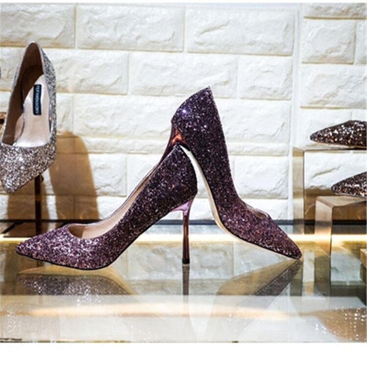 我的前半生马伊琍罗子君同款鞋亮片高跟鞋女婚鞋粉色尖头细跟单鞋 37