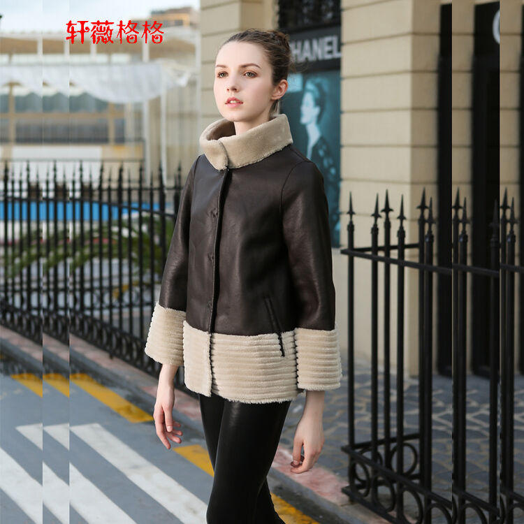 轩薇格格皮草女2017新款复合羊剪绒大衣女短款皮毛一体羊绒皮草女装