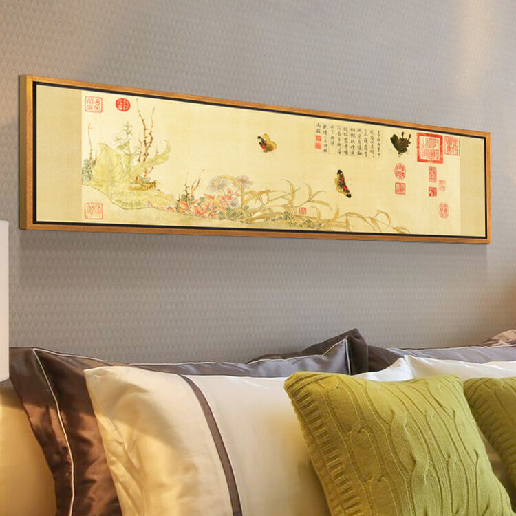 客厅挂画装饰画卧室床头画书法国画办公室壁画中式字画书房现代中国风系列 写生蝴蝶图(金色框) 35x135(适合1.3m-1.5m床)【图片 ...
