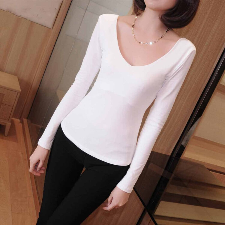 欧洲站v领长袖t恤女大码体恤超低领露背大领口打底衫 白色 尺码偏小一