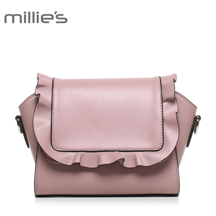 millies/妙丽冬季新款荷叶边时尚人造单肩斜挎包小方包x0505dx7 粉色