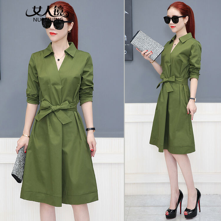 【一件38元】【买两件立减5元】2017秋季新款中长收腰连衣裙 军绿色