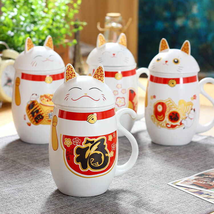 羽夕 招财猫可爱陶瓷杯 中国红创意马克杯 奶茶水杯 招财