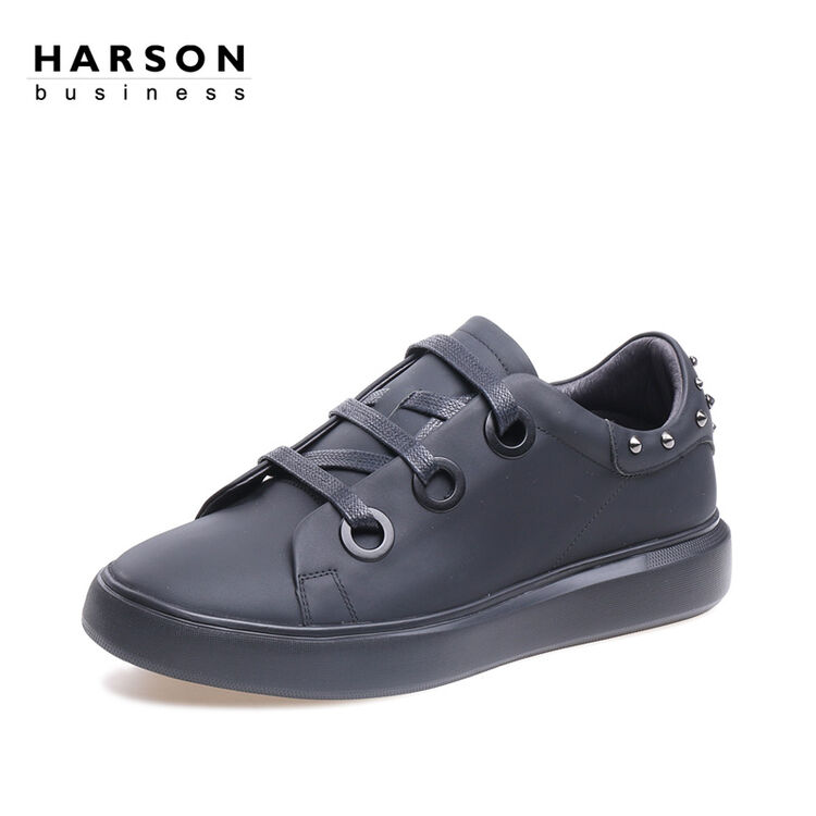 哈森 秋季系带圆头硬朗金属英伦时尚平底男潮鞋 ml78122 黑色 42