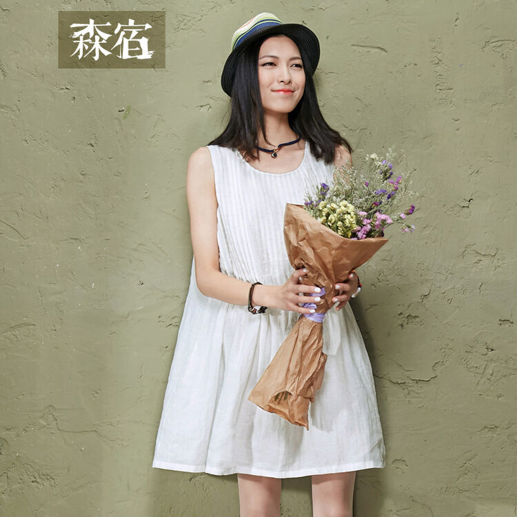 美丽 2015新款夏装 文艺皱褶插袋圆领无袖纯色连衣裙2517050 月牙白 s