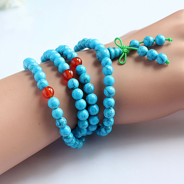 108颗绿松石佛珠手链男女情侣手链 绿松石三通绿线