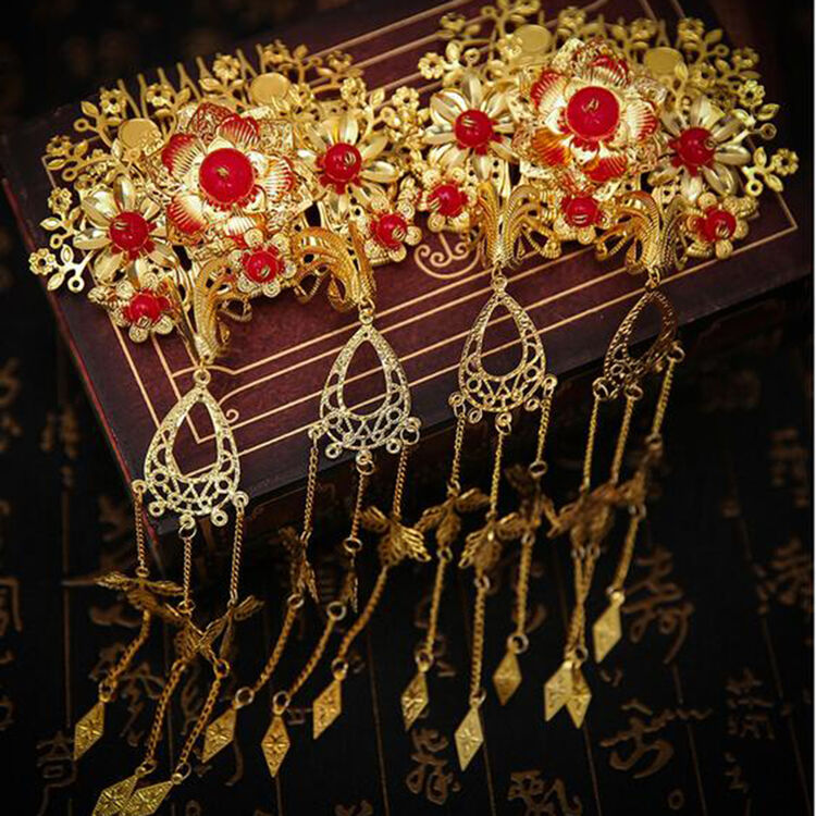 玉金祥 新娘结婚中式 金步摇凤冠发簪 头饰 套装红色