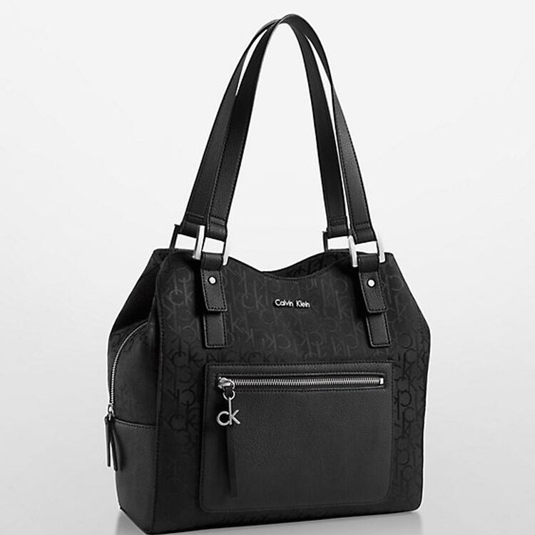 ck 女包calvin klein女士logo款帆布拼接皮质单肩包 拉链搭扣款 ck单