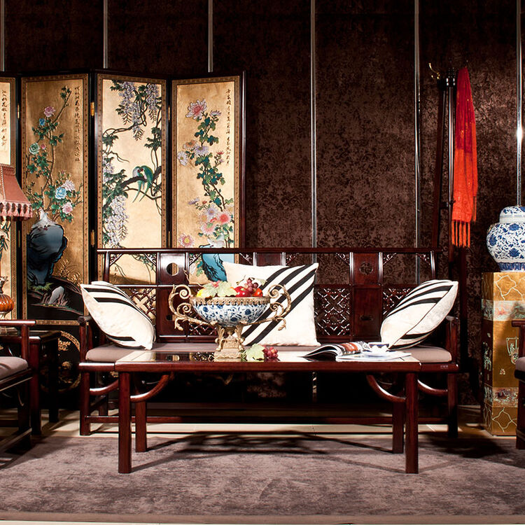 允典家具 花梨木明清古典 官品系列 客厅三人沙发 (02款) 栗壳色