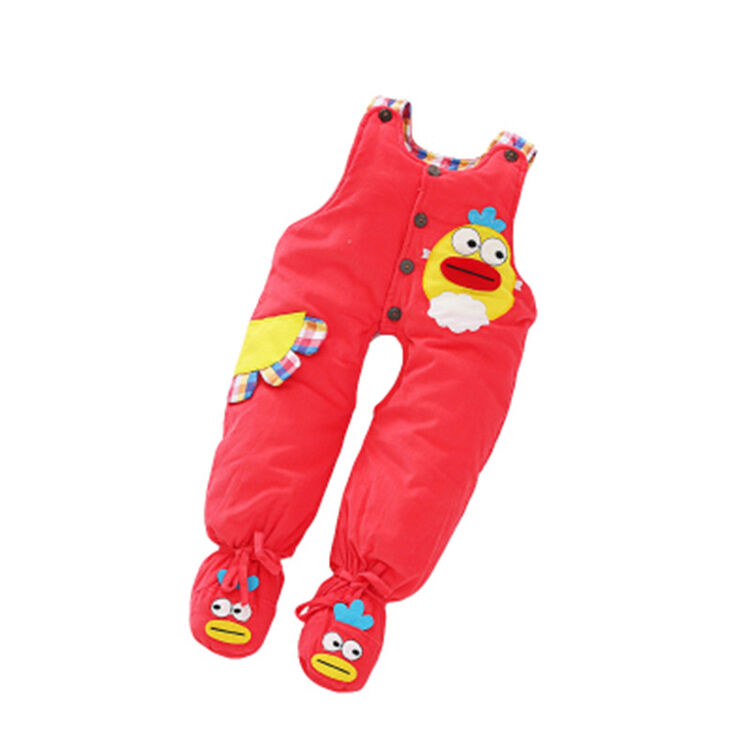 新生儿男女宝宝卡通背带裤 婴儿包脚长裤秋冬款连体裤棉裤 红色 66