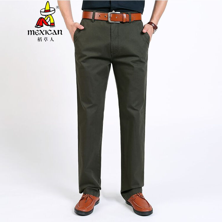 稻草人休闲裤男士英伦时尚纯棉直筒裤秋季商务男裤大码 军绿色 34
