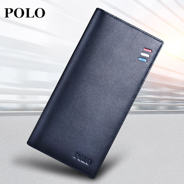 polo男士钱包长款多功能真皮头层牛皮钱夹 深蓝色