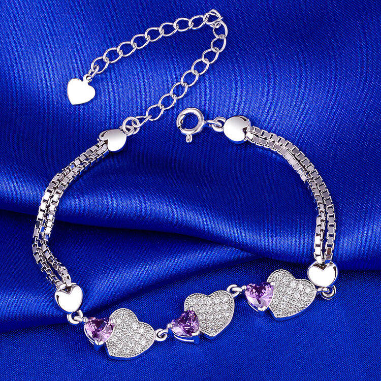 纯石坊925银饰品爱心形合成立方氧化锆首饰手链气质时尚甜美日韩版潮