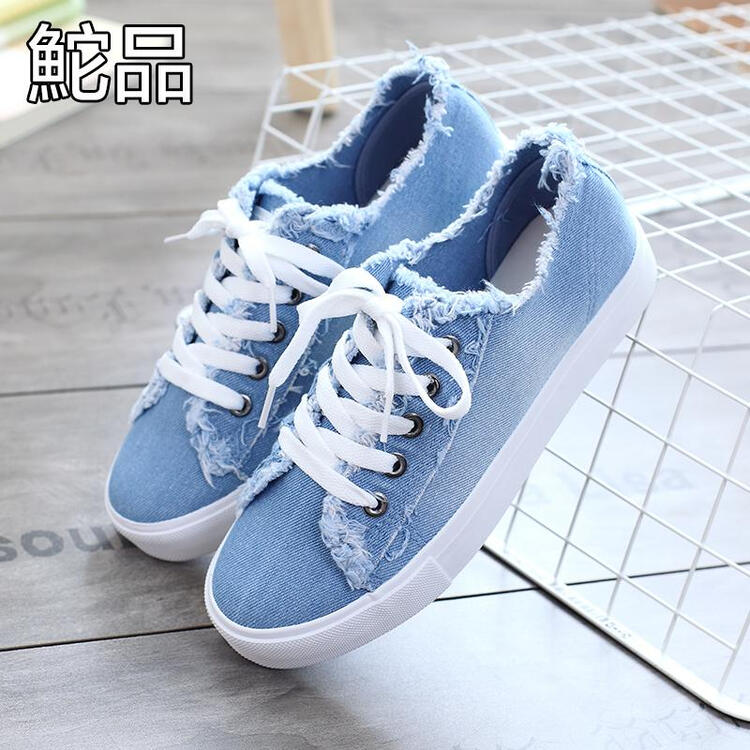 橼驹春夏季新款街拍帆布鞋女小白鞋学生韩版平底百搭系带布鞋 浅蓝色