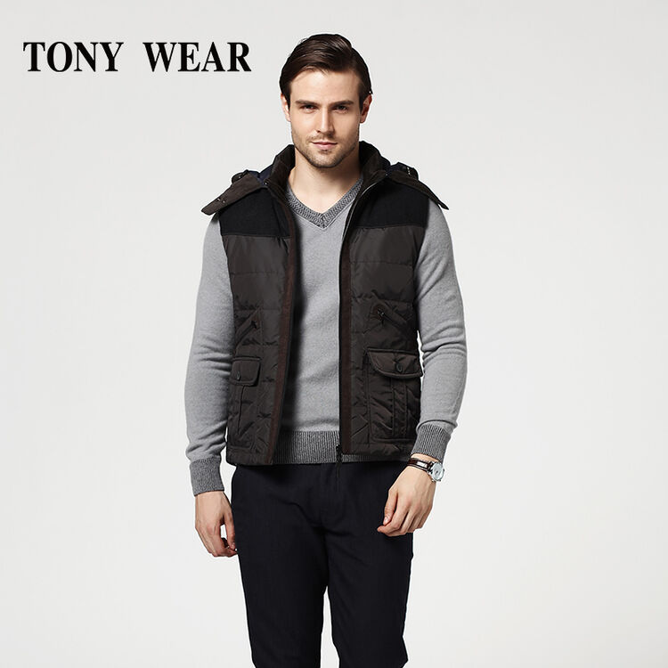 tonywear汤尼威尔商务秋季男士镶拼连帽背心休闲立领羽绒背心包邮