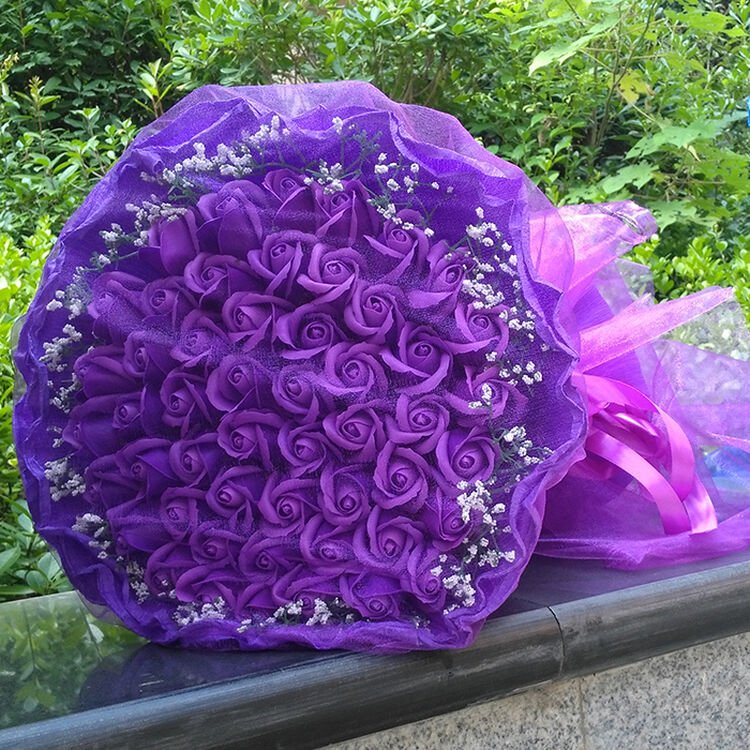 御颜520香皂花玫瑰高仿花束毕业礼物生日创意礼品hua示爱闺蜜 52只紫