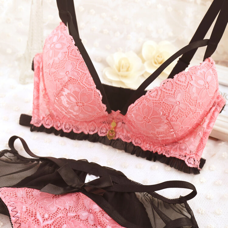 天竺花日系超聚拢美背少女文胸套装 性感蕾丝深v小胸加厚内衣女 粉色