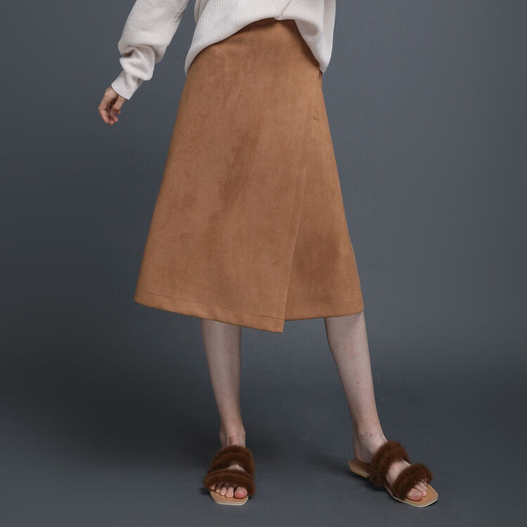 初棉2018春季新款仿麂皮绒半身裙中长款 纯色高腰四片裙a字裙春春 茶