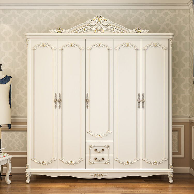 摩登生活 法式田园实木组合整体衣橱欧式五门木大衣柜荷花白 5门